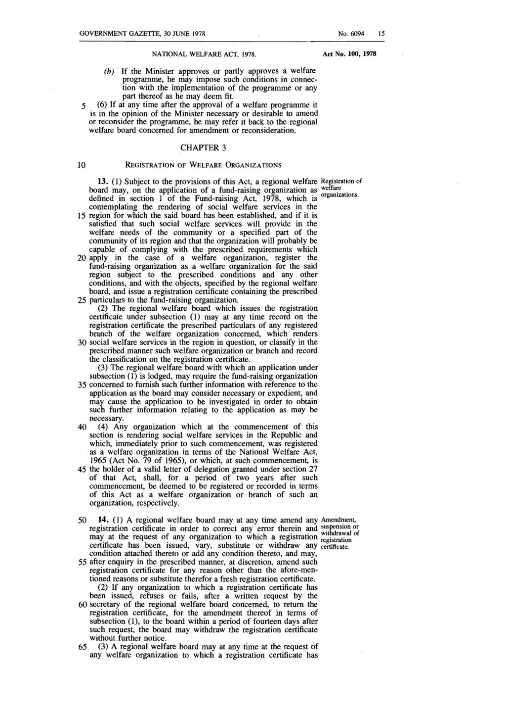 GOVERNMENT GAZETI'E, 30 JUNE 1978 No. 6094 NATIONAL WELFARE ACT, 1978. Act No.