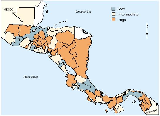 Map 1 Central America: Degree a/ of incidence of extreme poverty, by region, province, or department.