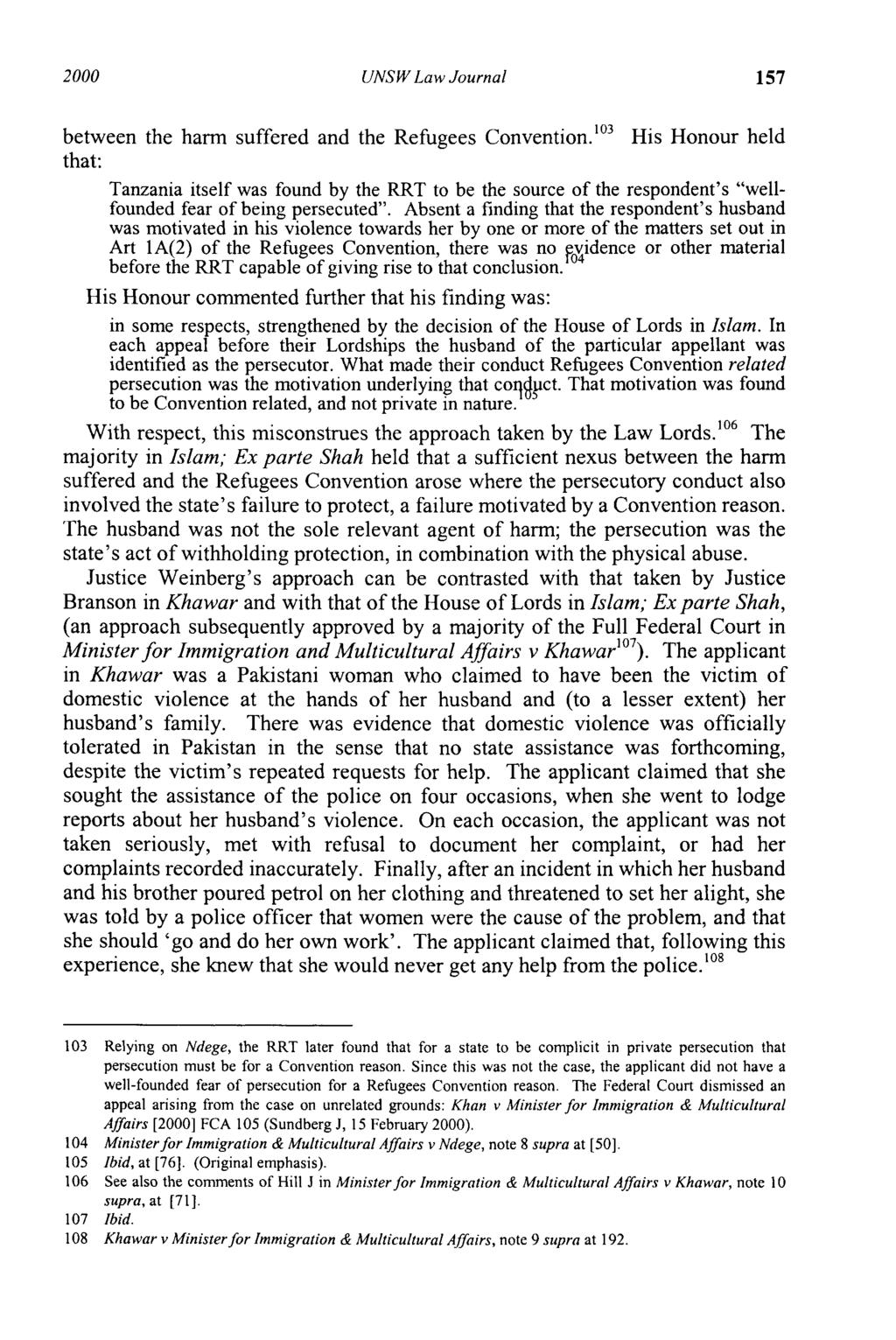 2000 UNSW Law Journal 157 between the harm suffered and the Refugees Convention.