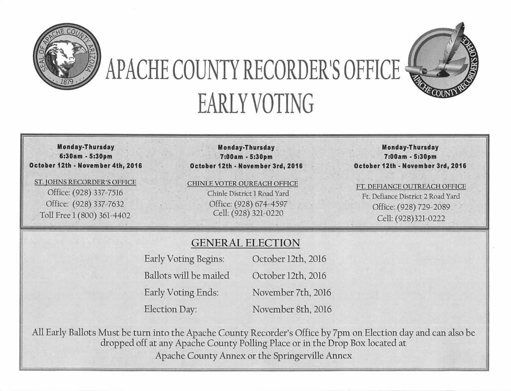 APACHE COUNTY RECORDERIS OFFICE EARLY VOTING, Monday-Thursday 6:30am 5:30pm October Uth November 4th, 2016 ST. JOHNS.