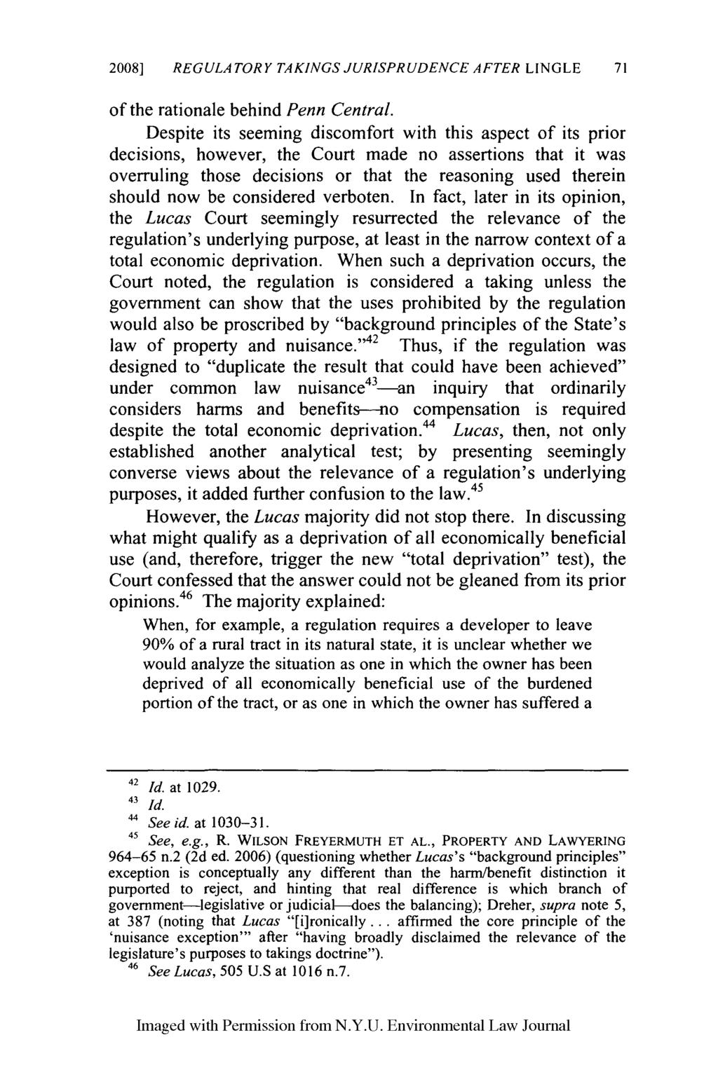 2008] REGULATORY TAKINGS JURISPRUDENCE AFTER LINGLE 71 of the rationale behind Penn Central.