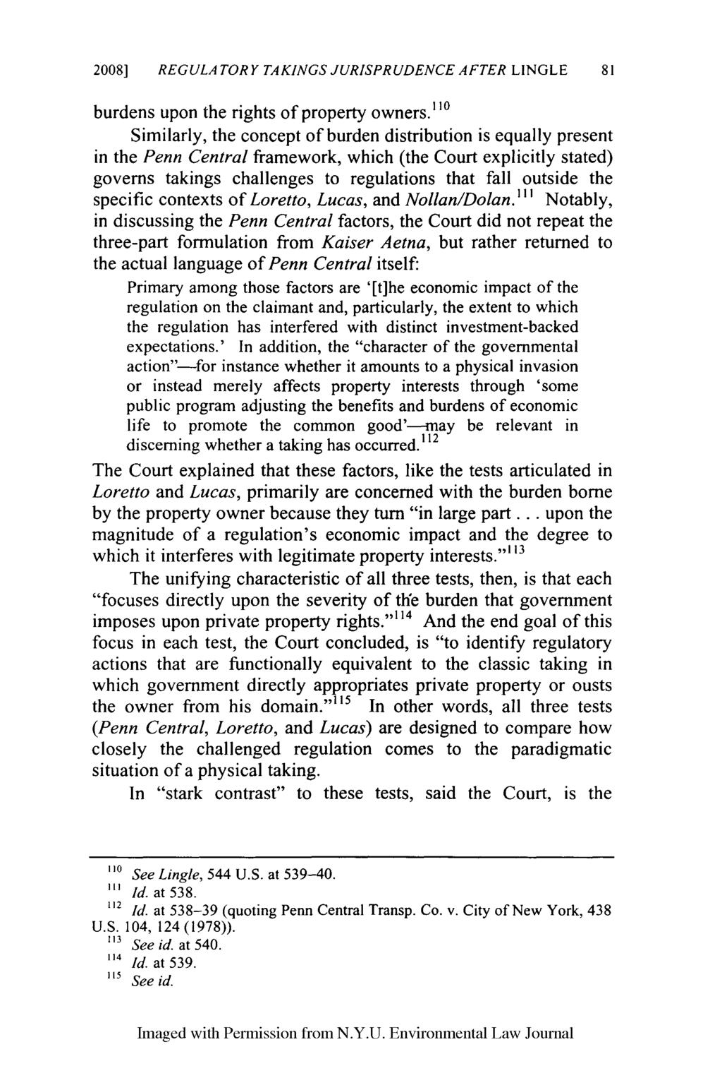 2008] REGULA TORY TAKINGS JURISPRUDENCE AFTER LINGLE 81 burdens upon the rights of property owners.
