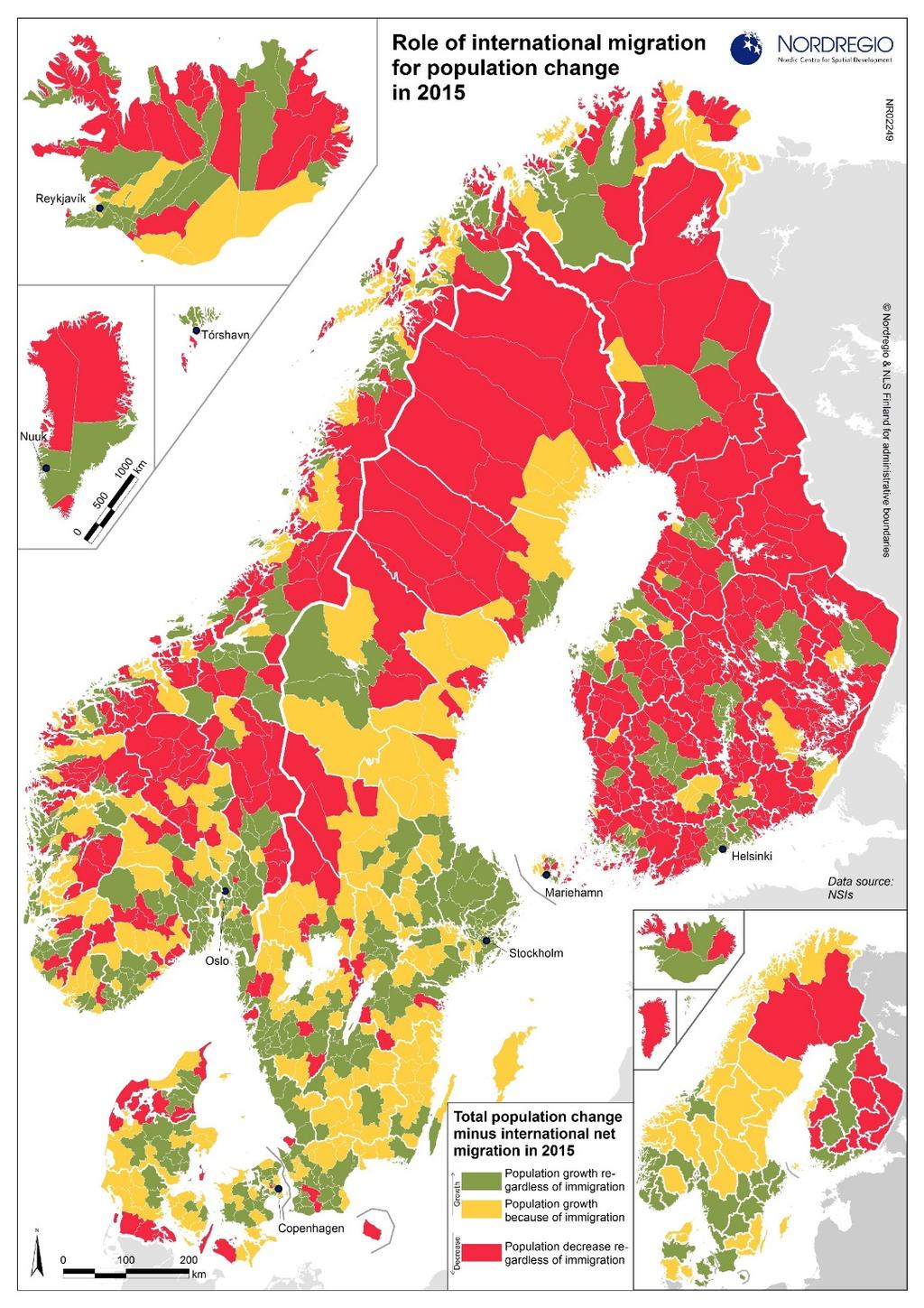 Population growth with and without immigration In 2015, 287 municipalities in the Nordic countries had population growth because of immigration (the yellow areas on the map) The total international