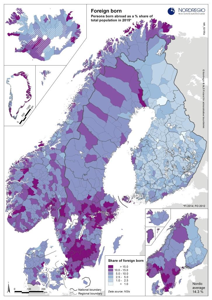 The foreign-born population is spreading out locally and regionally in all Nordic countries since 1995.