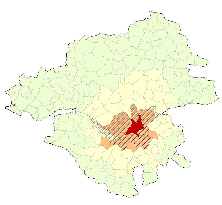 Fig 2. The city of Nantes (in Red) and the Urban Community (Nantes Metropole - 24 cities in hatched) in the department of Loire-Atlantique.