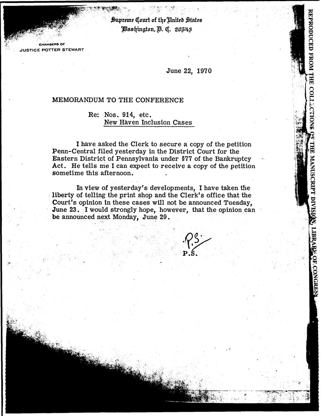 )uprtint ottrt of ilitlanittb zrfp4g June 22, 1970 MEMORANDUM TO THE CONFERENCE Re: Nos. 914, etc.