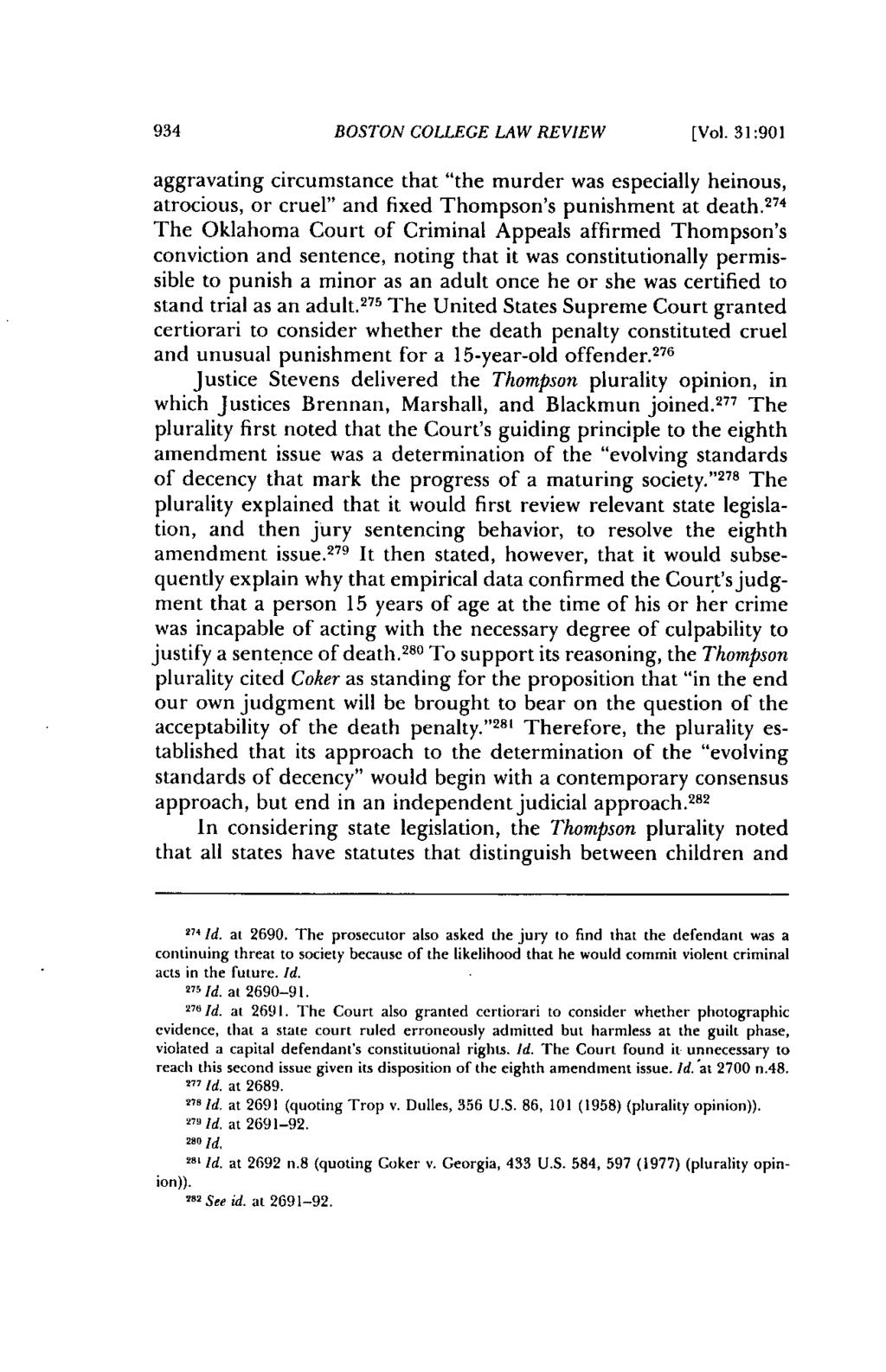 934 BOSTON COLLEGE LAW REVIEW [Vol. 31:901 aggravating circumstance that "the murder was especially heinous, atrocious, or cruel" and fixed Thompson's punishment at death.