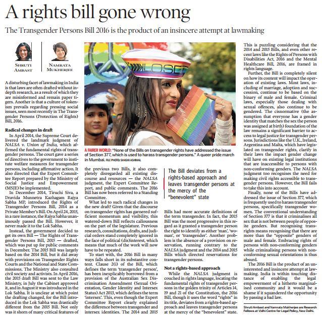 The Transgender Persons (Protection of Rights) Bill, 2016 Disturbing facet(पहल ) of lawmaking in India is that laws are often drafted without in depth research As a result of which they are