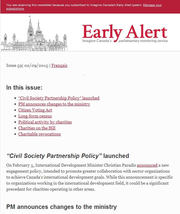 Imagine Canada s Early Alert provides members with breaking news from Parliament and across the