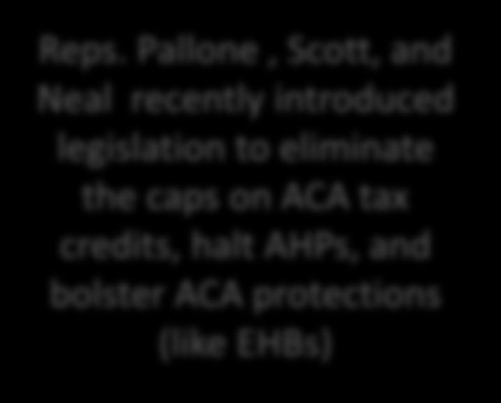 Pallone, Scott, and Neal recently introduced legislation to eliminate the caps on ACA tax credits, halt AHPs, and bolster ACA protections (like EHBs) Appropriations Discretionary
