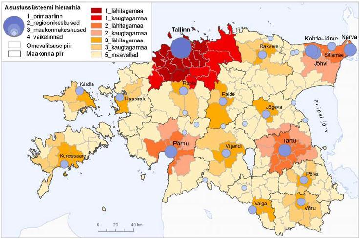 Joonis 4. Eesti asustussüsteemi jaotus hierarhiatasemetesse (Ahas et al 2010a) Regionaalsete erinevuste uurimiseks vaadeldi nii omavalitsuse kui ka maakonnatasandit.