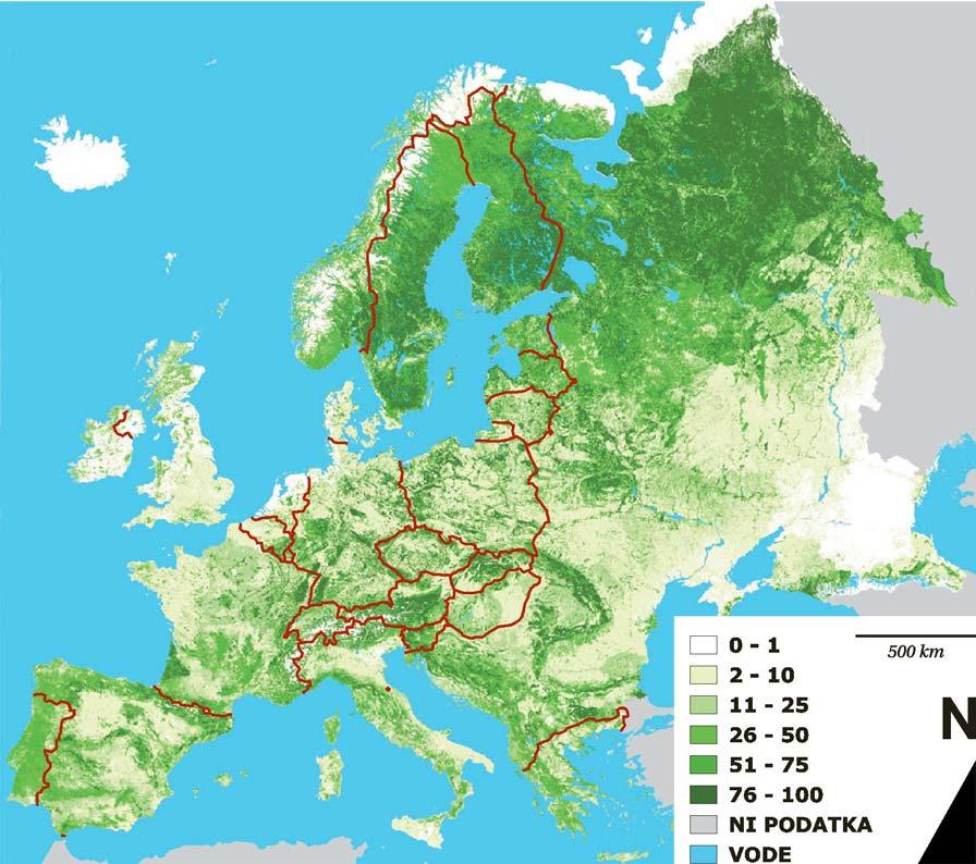 Danev G. Slovensko gozdarstvo v Evropski uniji. 14 Slika 1: Karta gozdnatosti Evrope (v odstotkih na km2).
