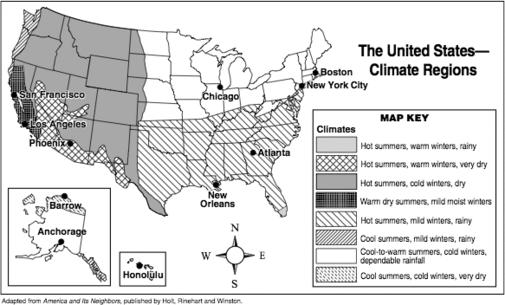 18 Use the climate map below to answer this question. Which two cities have similar climates?