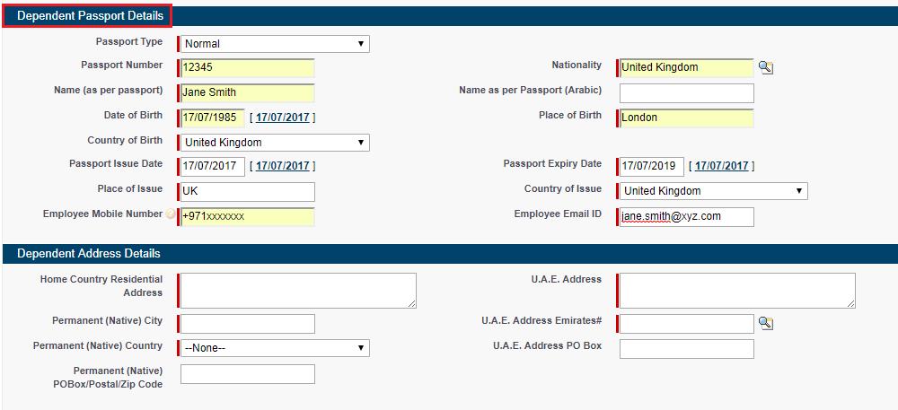 9. Fill in the Dependents Passport Details and Dependent Address Details.
