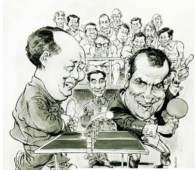 Page v of v SOURCE H A cartoon by American cartoonist Mort Drucker that shows President Richard Nixon (right) and Mao Zedong (left) in 1971 [Drucker,