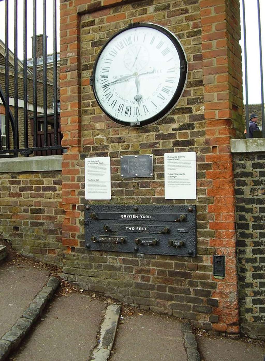 4 The Shepherd Gate Clock is mounted on the wall outside the gate of the Royal Greenwich Observatory in Greenwich, Greater London.