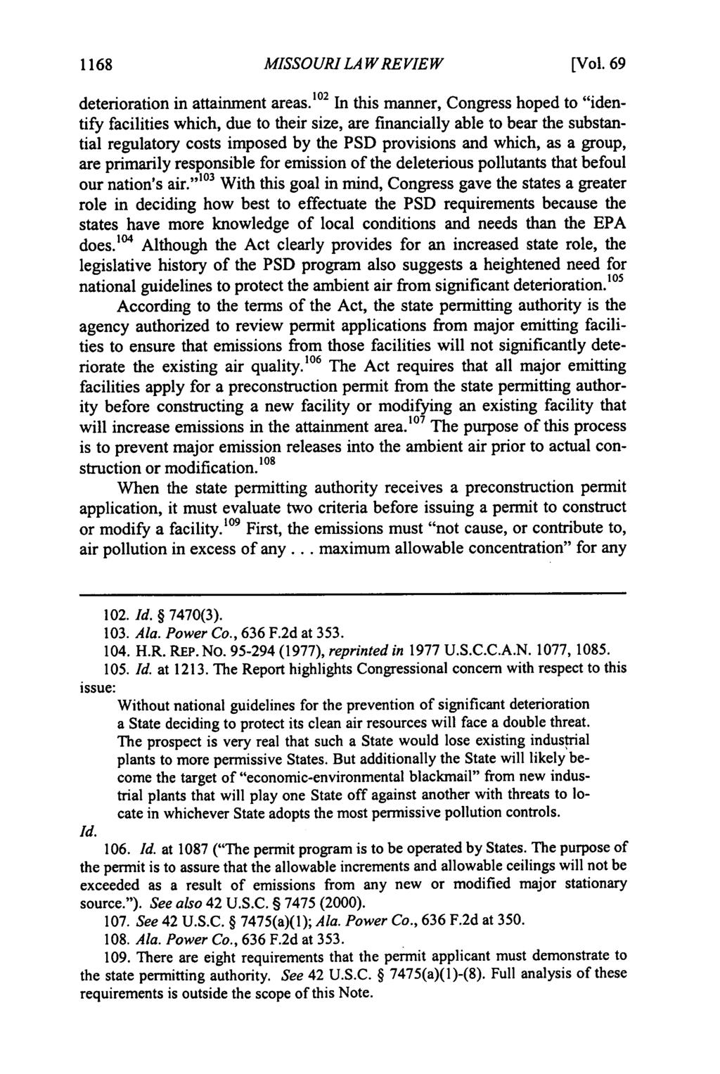 1168 Missouri Law Review, Vol. 69, Iss. 4 [2004], Art. 16 MISSOURI LAW REVIEW [Vol. 69 deterioration in attainment areas.