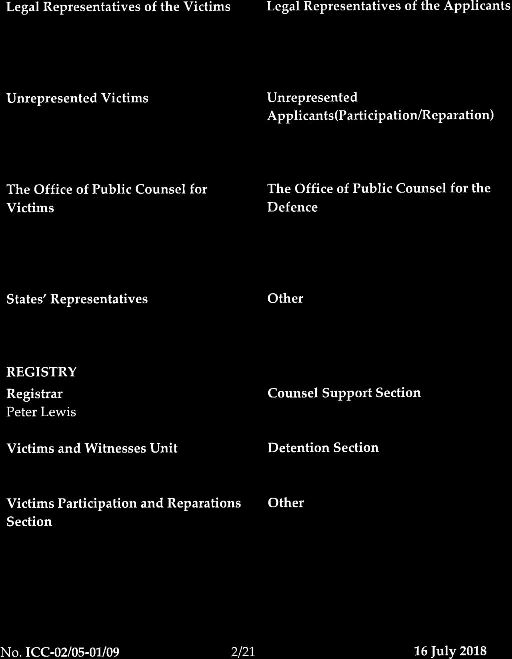 Unrepresented Applicants(Participation/Reparation) The Office of Public Counsel for Victims The Office of Public Counsel for the Defence States' Representatives Other REGISTRY