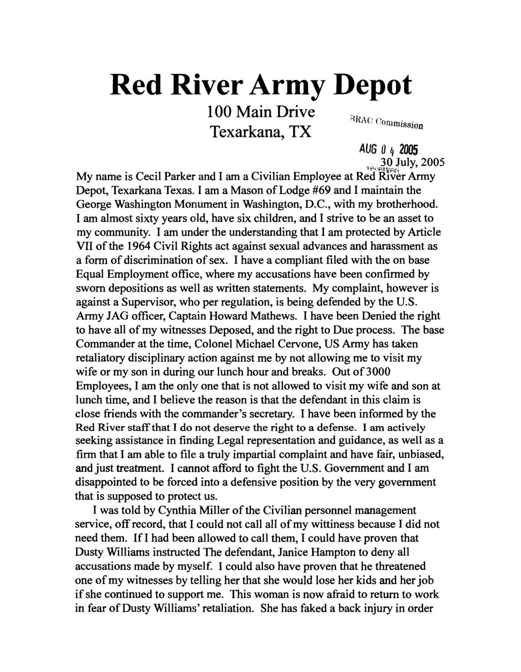 DCN 6743 Red River Army Depot 100 Main Drive Tm~,ission Texarkana, TX 30 July, 2005 r t.b'env~~, My name is Cecil Parker and I am a Civilian Employee at Red kver Army Depot, Texarkana Texas.