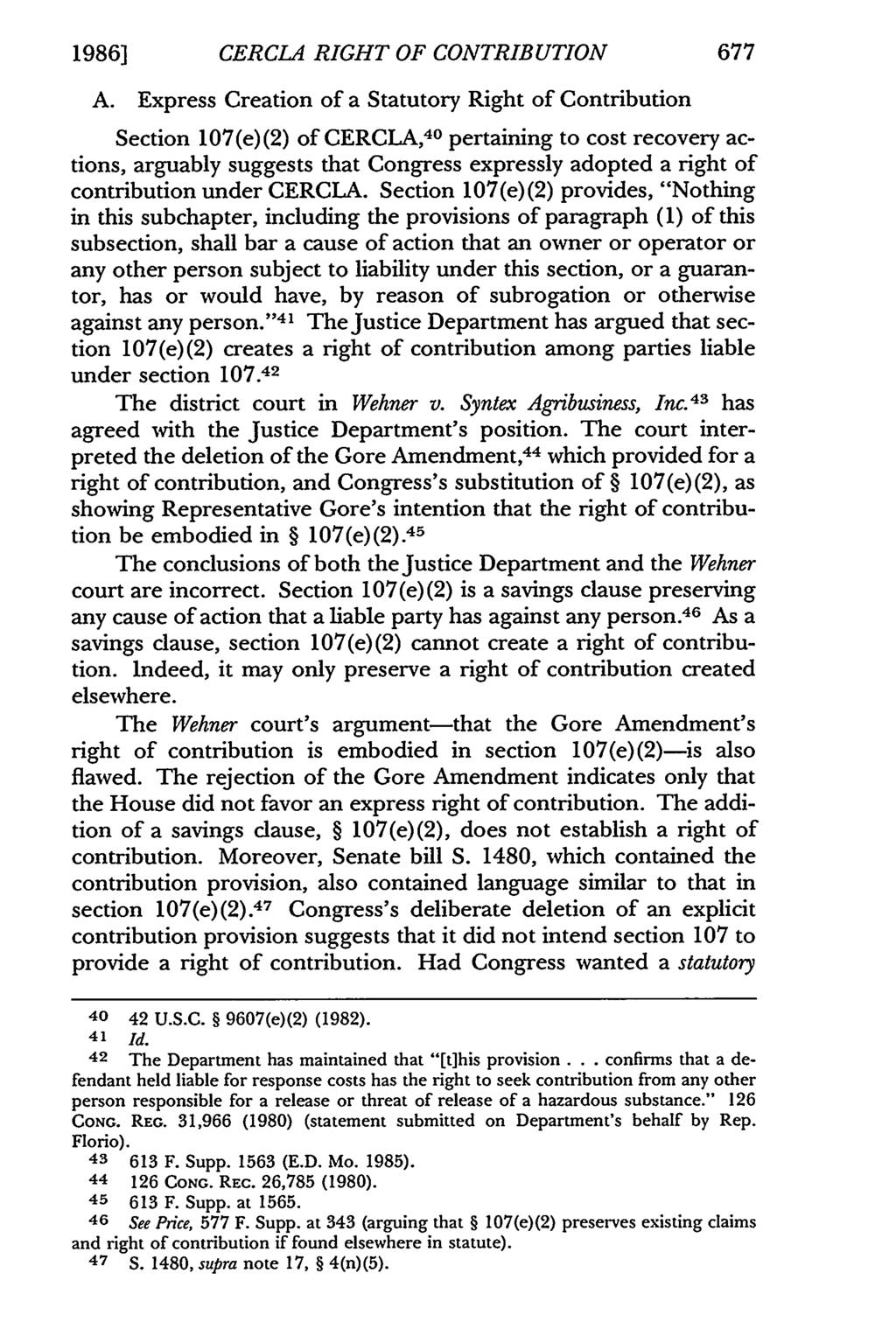 1986] CERCLA RIGHT OF CONTRIBUTION 677 A.