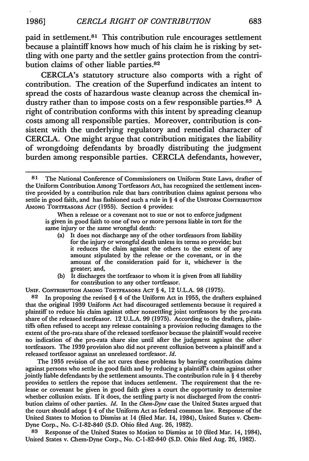 1986] CERCLA RIGHT OF CONTRIBUTION 683 paid in settlement.