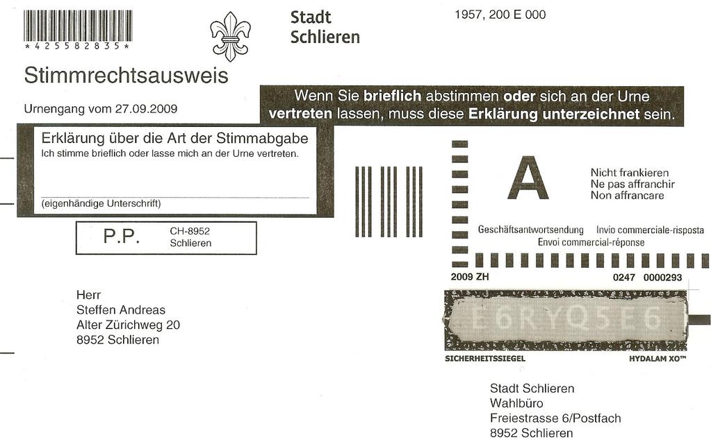 E-Voting in my home town Schlieren PIN