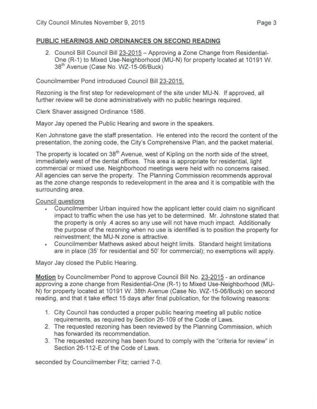 City Council Minutes November 9, 2015 Page 3 PUBLIC HEARINGS AND ORDINANCES ON SECOND READING 2.