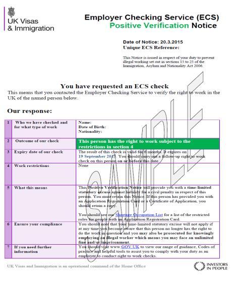 Step 5: repeat check (List B only) 28 days after expiry of visa, receive from the Employer Checking Service (ECS): Positive verification right to work will continue for six months whilst awaiting new