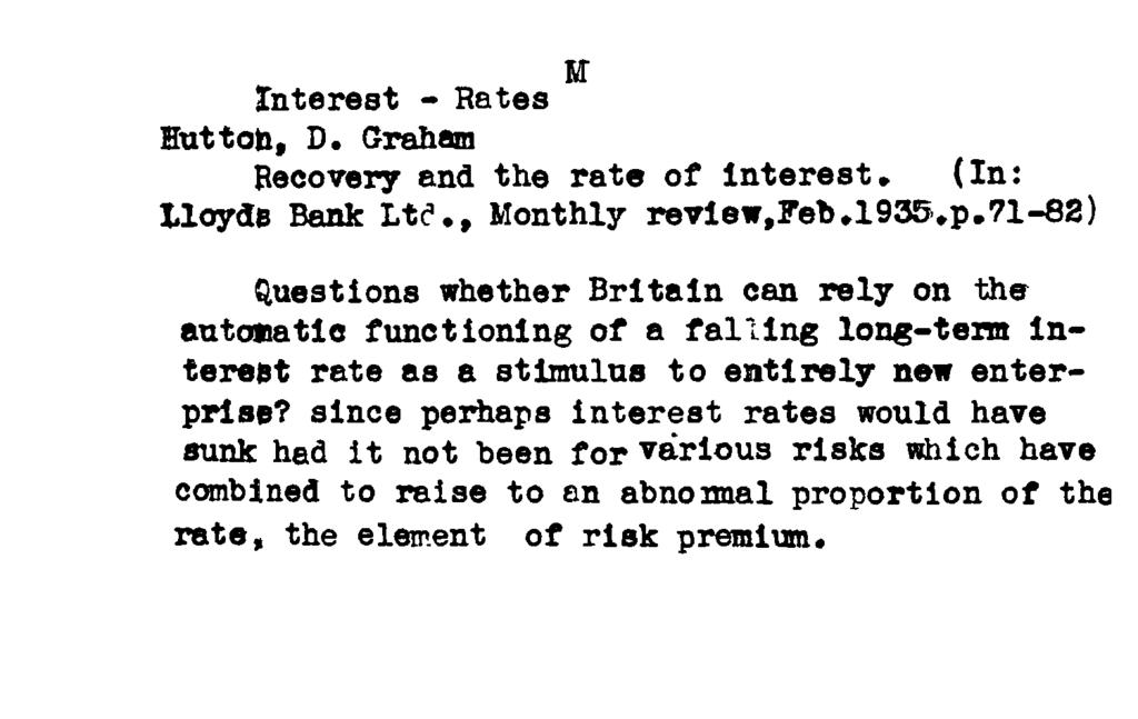 Interest - Rates Huttob, D. Graham Recovery and the rate of Interest* (In: Uoyde Bank Lt<?
