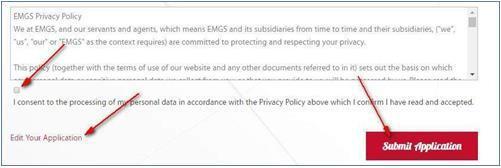 processing of your personal data by EMGS. (Your application will not be processed without this consent).