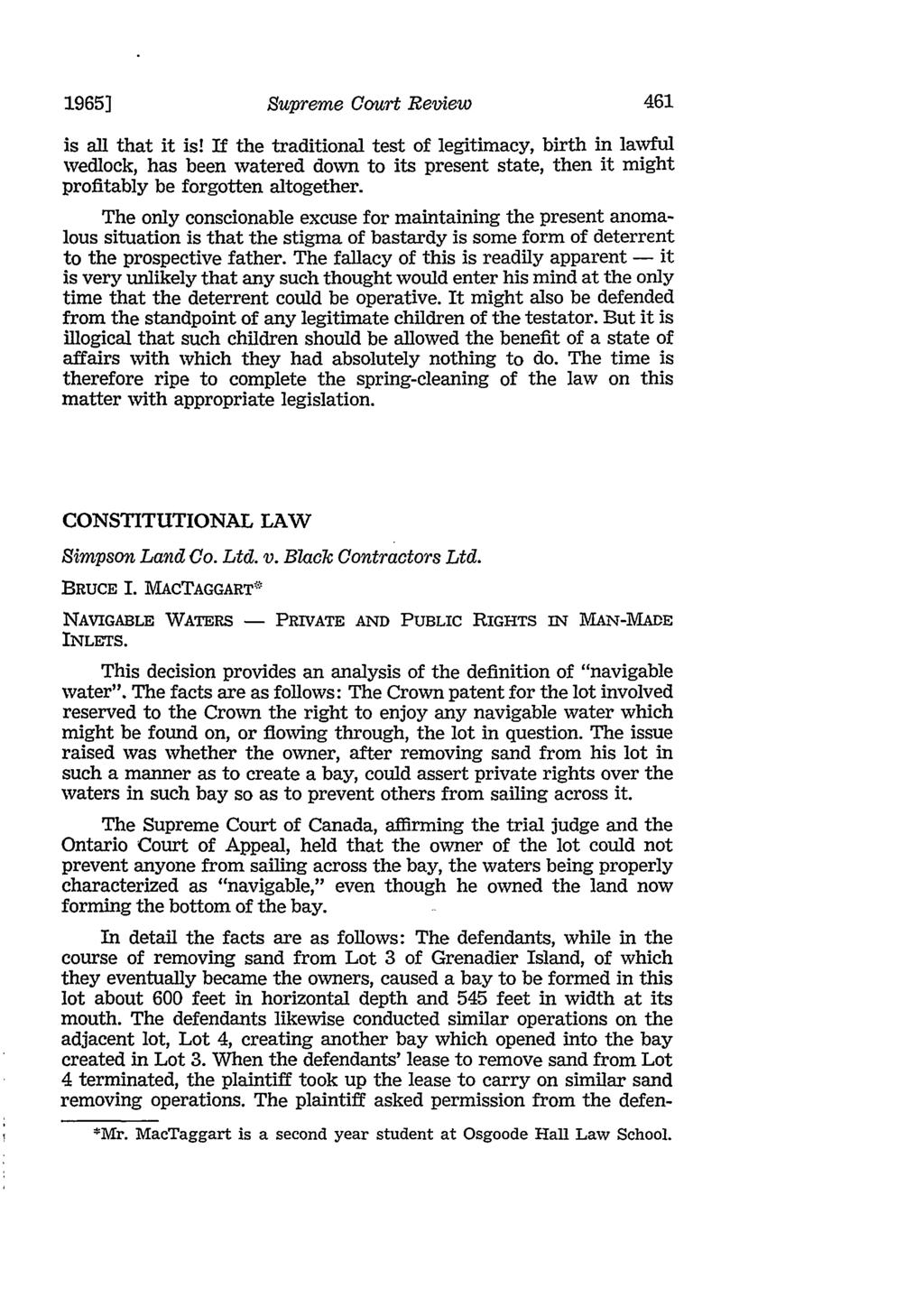 CONSTITUTIONAL LAW Simpson Land Co. Ltd. v. Black Contractors Ltd. BRUCE I. MACTAGGART ' NAVIGABLE WATERS - INLETS.