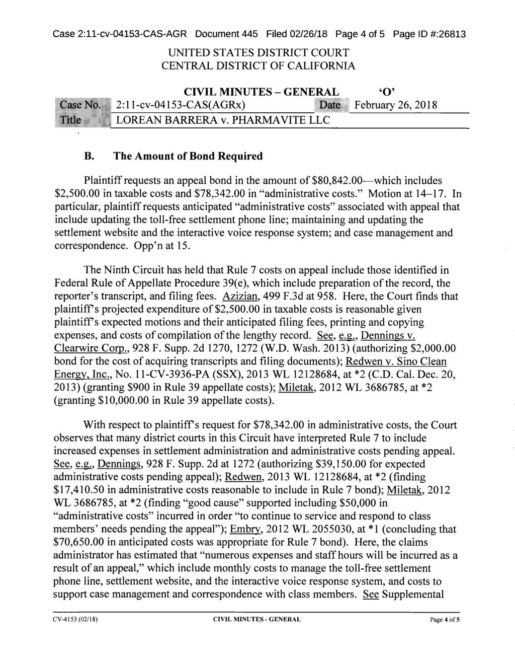 Case 2:11-cv-04153-CAS-AGR Document 448 Filed 03/07/18 Page 8 of 9 Page ID #:26823 Case 2:11-cv-04153-CAS-AGR Document 445 Filed 02/26/18 Page 4 of 5 Page ID #:26813 Gasp No.