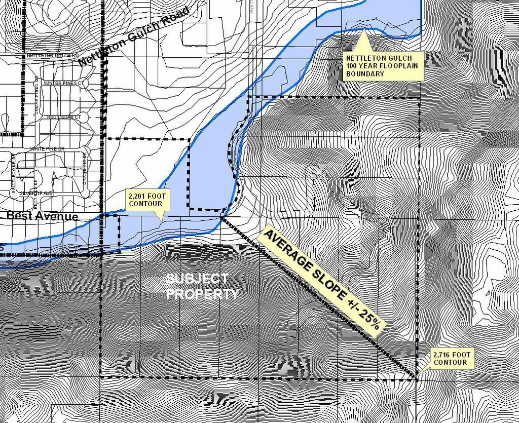 B. Physical Constraints: A portion of the area of request is in the 100 year flood plain of Nettleton Gulch Creek. Development in a flood zone is strictly regulated by City code.
