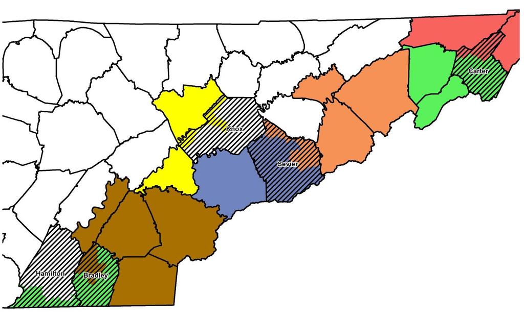 23. In Senate Bill 1514, Shelby, Davidson, Rutherford, Hamilton, Bradley, Knox, Sevier, and Carter Counties were split.