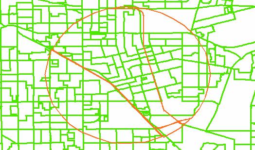 Figure A5. Neighborhoods are defined as polygons created by the intersection of railroads with each other and with the perimeter. Anaheim contains five neighborhoods, shown here in orange.