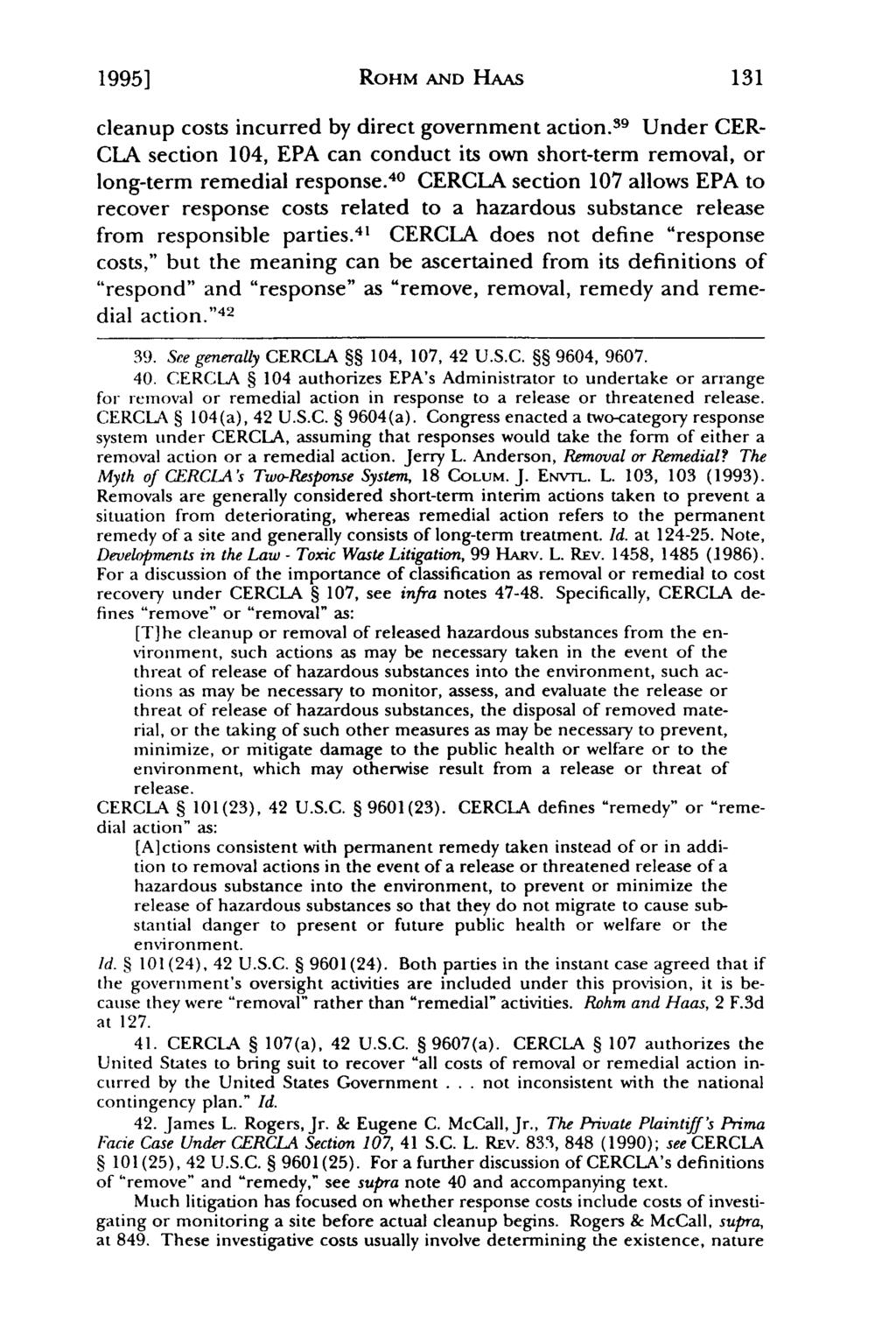 1995] Aberbach: Recoverability of Government Oversight Costs under CERCLA Section ROHM AND HAAS cleanup costs incurred by direct government action.