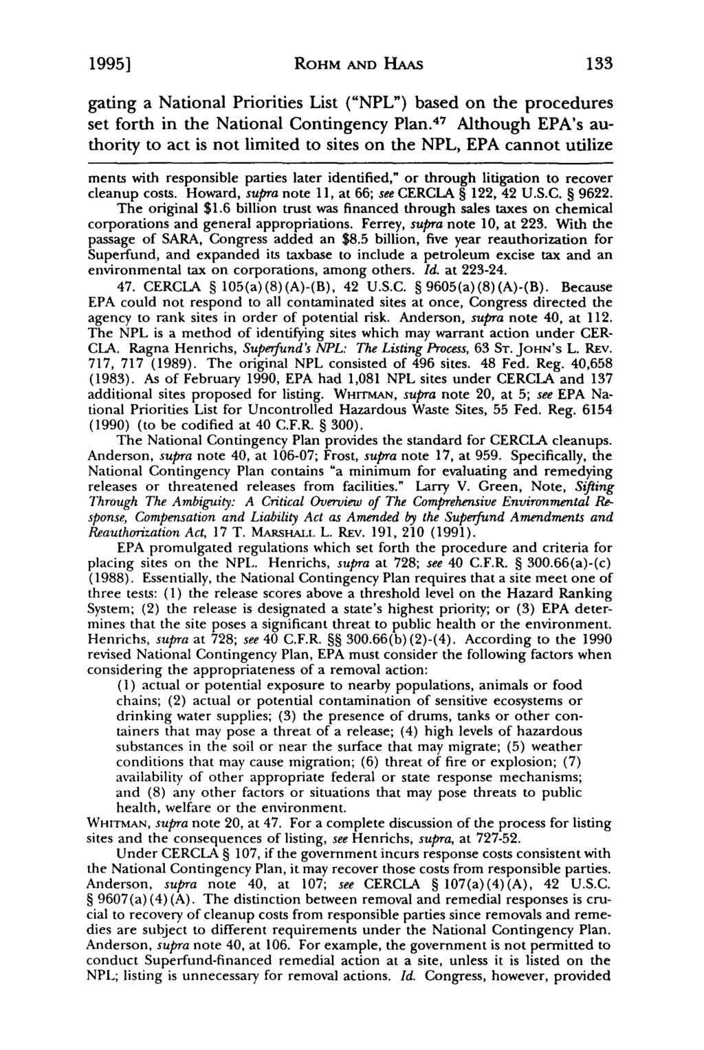 1995] Aberbach: Recoverability of Government Oversight Costs under CERCLA Section ROHM AND HAAS gating a National Priorities List ("NPL") based on the procedures set forth in the National Contingency