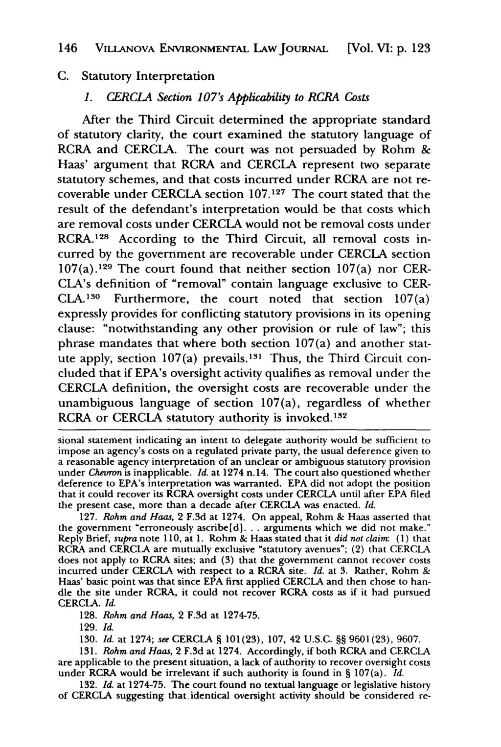 Villanova Environmental Law Journal, Vol. 6, Iss. 1 [1995], Art. 5 146 VILLANOVA ENVIRONMENTAL LAwJouRNAL [Vol. VI: p. 123 C. Statutory Interpretation 1.