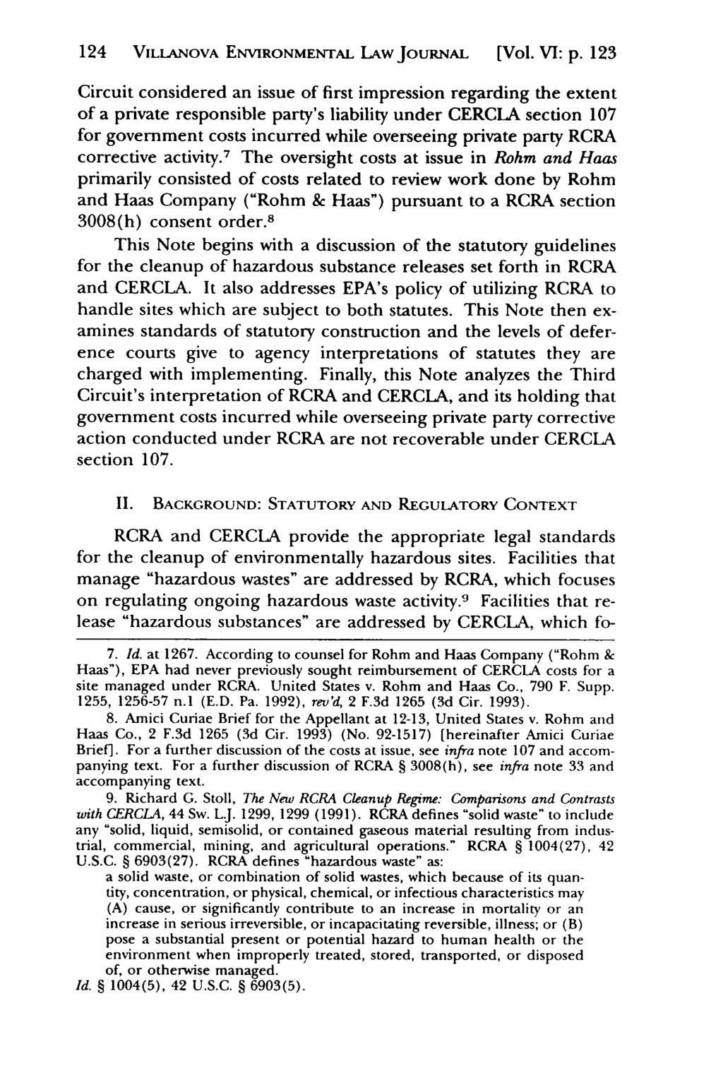 Villanova Environmental Law Journal, Vol. 6, Iss. 1 [1995], Art. 5 124 VILLANOVA ENVIRONMENTAL LAw JouRNAL [Vol. VI: p.