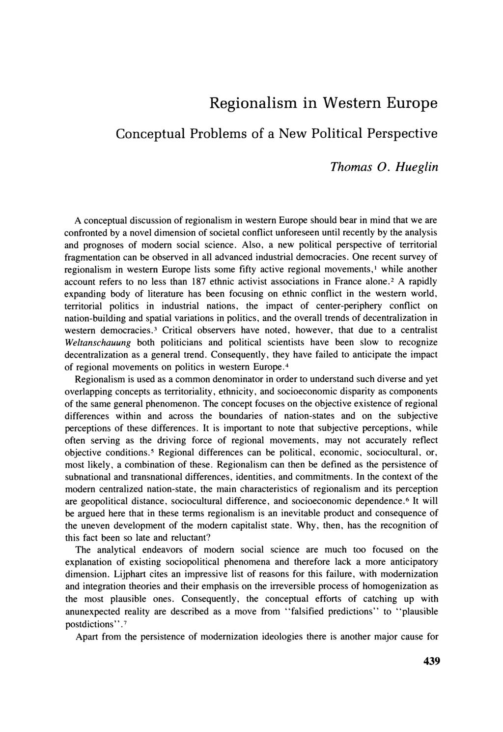 Regionalism in Western Europe Conceptual Problems of a New Political Perspective Thomas 0.