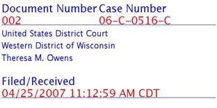 Document Number Case Number Case: 1:07-cv-02339 Document #: 32-2 Filed: 04/26/07 Page 1 of 6 PageID #:7 002 06 C- 05 16-C United States Oistnct Court. "' ~ _\ Q Wes1ern District of Wiscons.