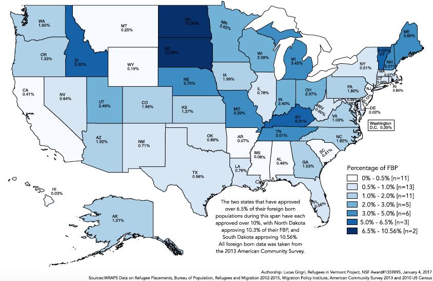 Approved Settlement as a Percentage of Foreign Born Population FY2012-2016 Figure 1.3 Figure 1.3 shows refugee resettlement as a percentage of each state s overall foreign-born population (FBP).