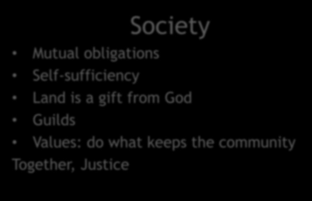 Pre-market societies Society Mutual obligations Self-sufficiency Land is a gift from God