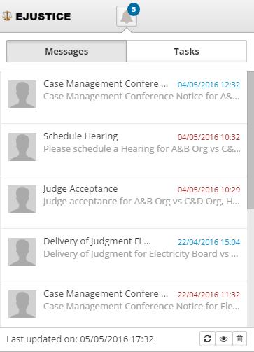 Notifications and Tasks The system automatically sends notification messages to the judges, Legal Practitioner or Registrar regarding assigned cases and pending tasks.