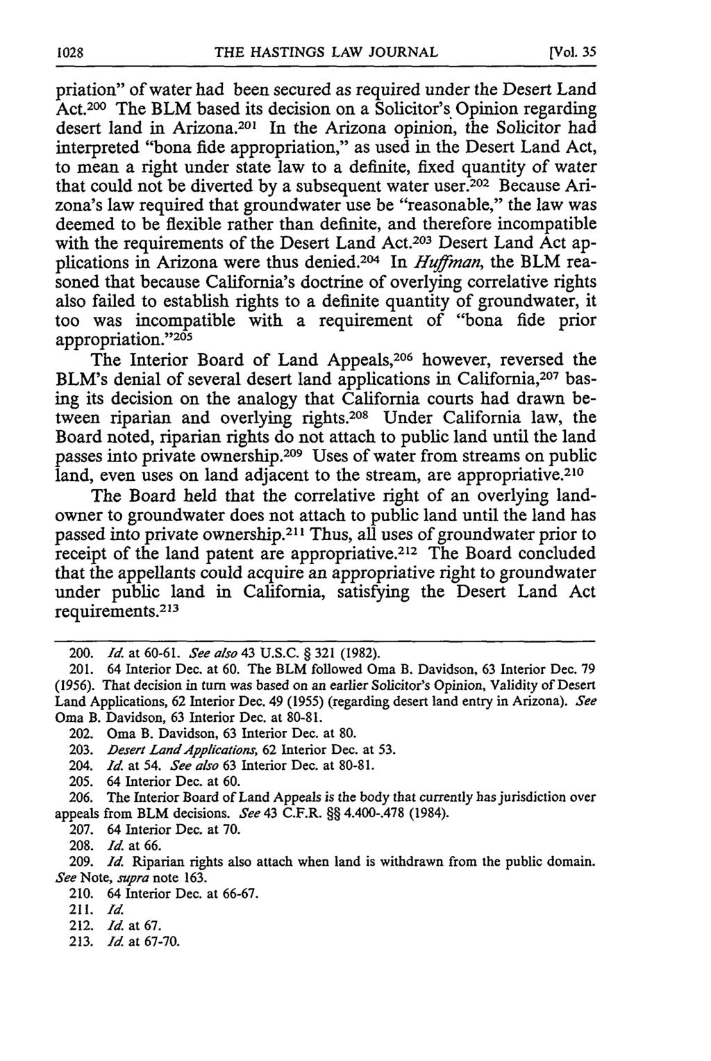 THE HASTINGS LAW JOURNAL [Vol. 35 priation" of water had been secured as required under the Desert Land Act. 2 The BLM based its decision on a Solicitor's. Opinion regarding desert land in Arizona.