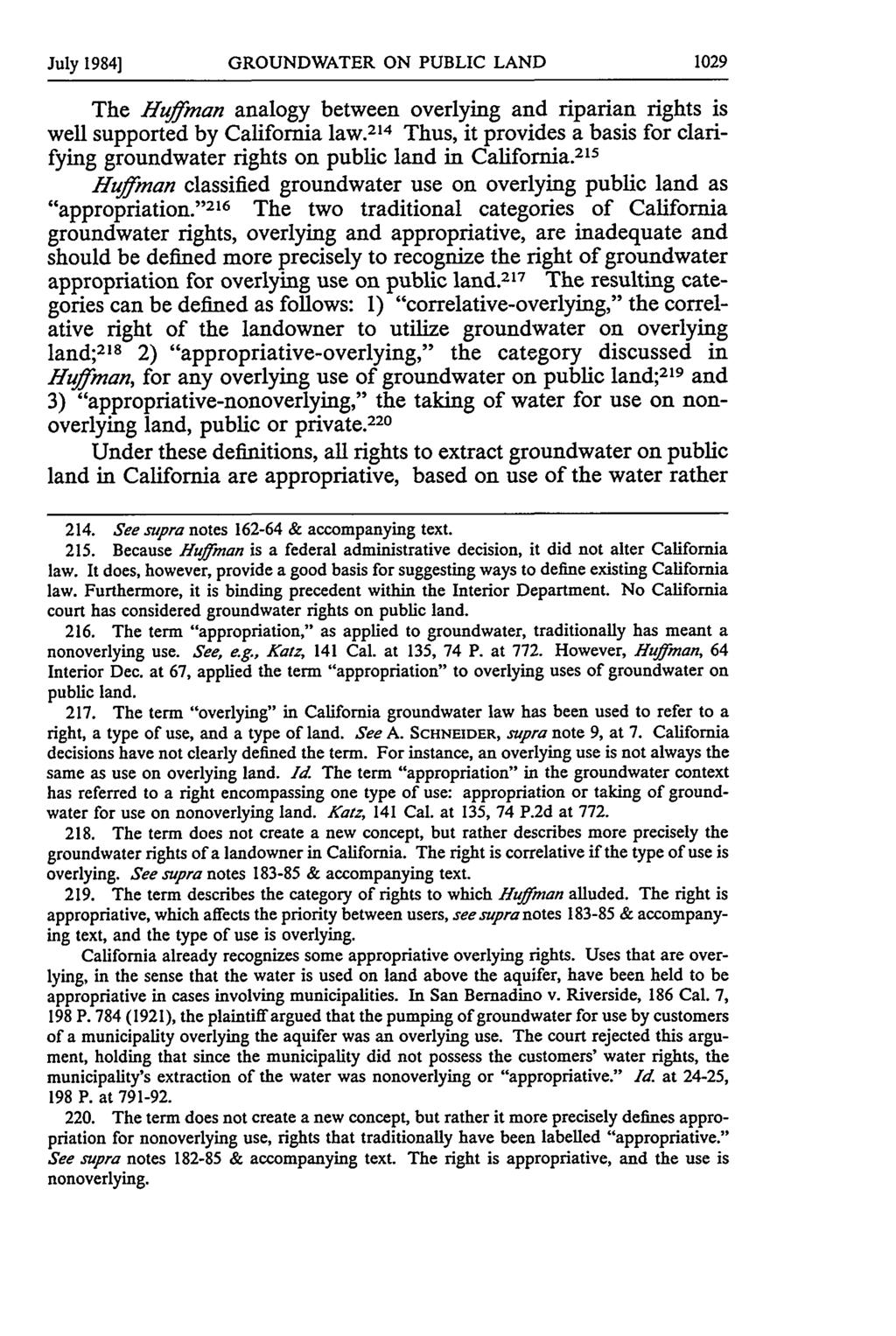 July 1984] GROUNDWATER ON PUBLIC LAND The Huffman analogy between overlying and riparian rights is well supported by California law.