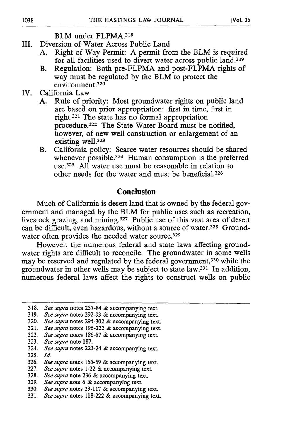 THE HASTINGS LAW JOURNAL [Vol. 35 BLM under FLPMA. 31 8 III. Diversion of Water Across Public Land A.