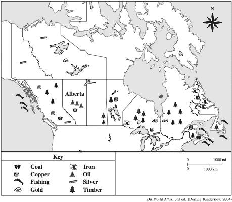 11 The map below shows some natural resources of Canada.