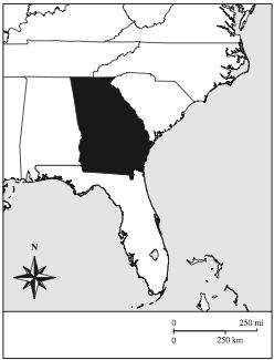 13 The map below shows part of the southeastern United States. Which state is shaded on the map?
