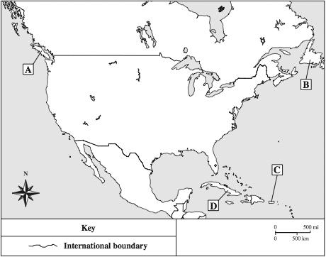4 The map below shows North America with four islands marked A, B, C, and D.